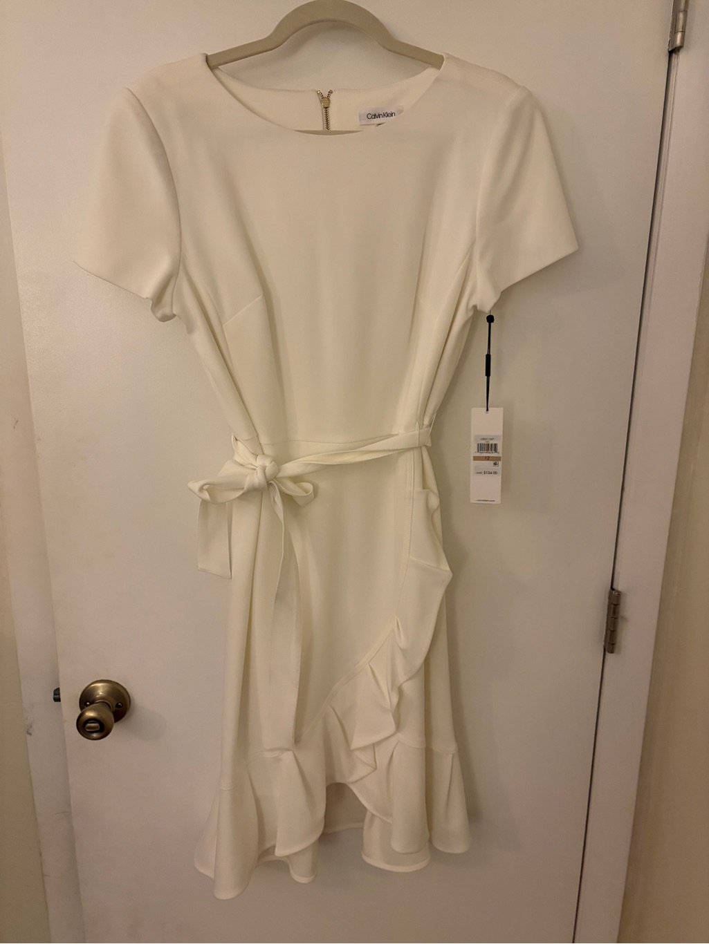 Calvin Klein White Short Sleeve Ruffle Wrap Midi Dress